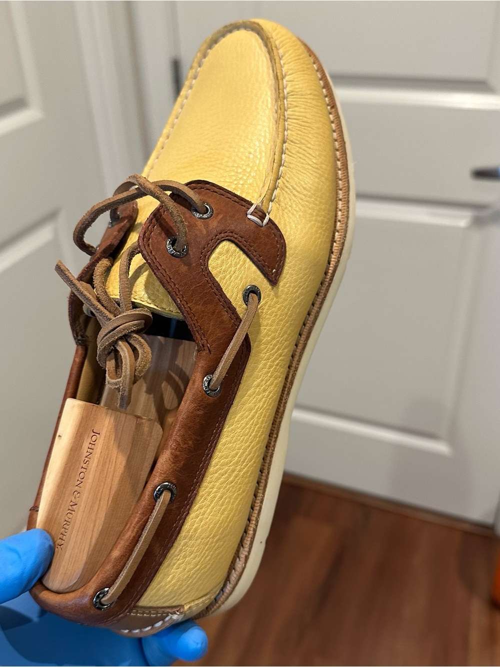 Johnston & Murphy Men's Yellow and Brown Two-Tone Leather Boat Shoes - Picture 5 of 7